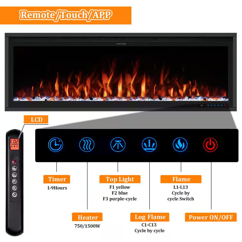 42 In. Smart Electric Fireplace Inserts Recessed and Wall Mounted Fireplace with Remote in Black