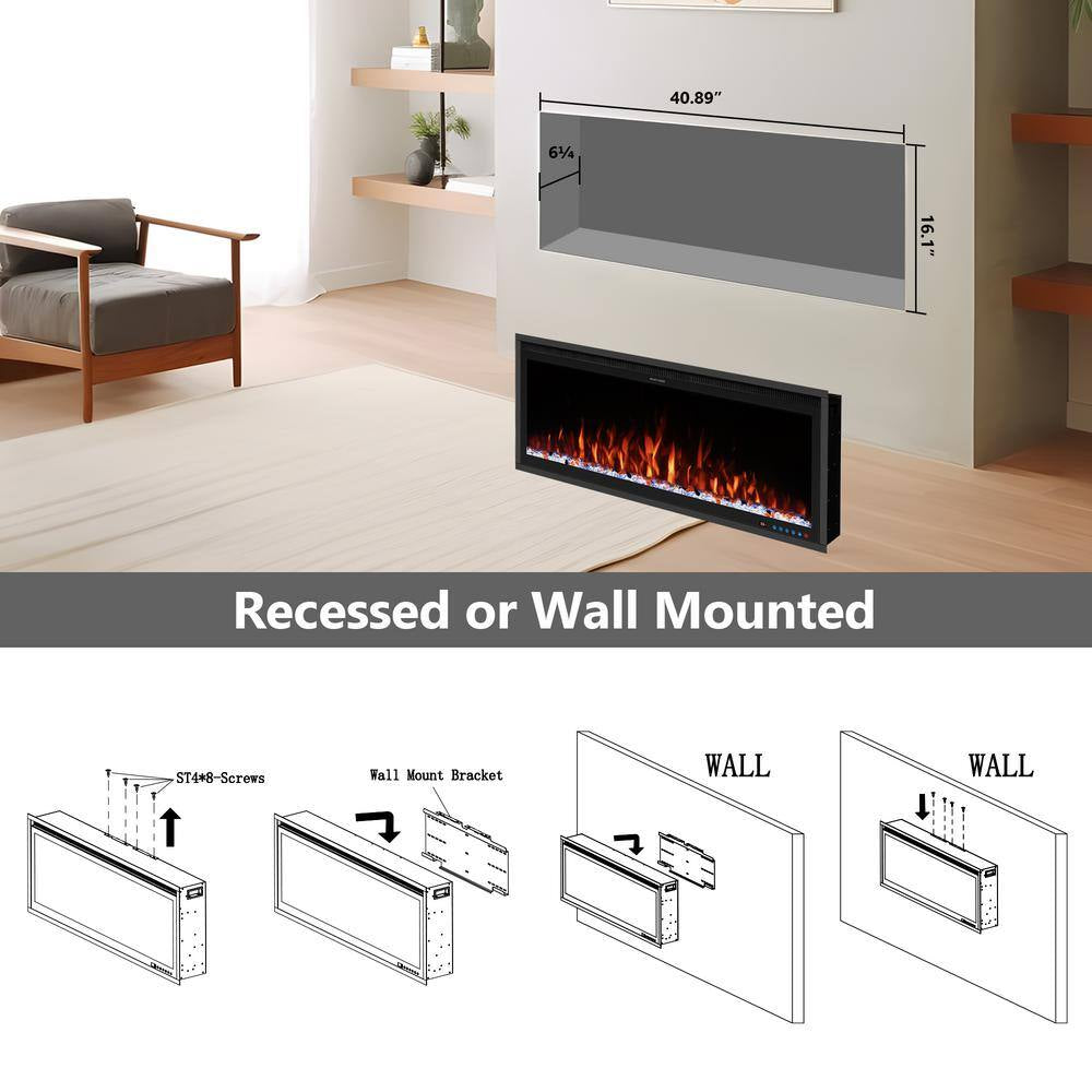 42 In. Smart Electric Fireplace Inserts Recessed and Wall Mounted Fireplace with Remote in Black