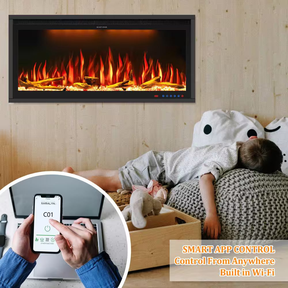 42 In. Smart Electric Fireplace Inserts Recessed and Wall Mounted Fireplace with Remote in Black