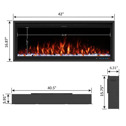 42 In. Smart Electric Fireplace Inserts Recessed and Wall Mounted Fireplace with Remote in Black